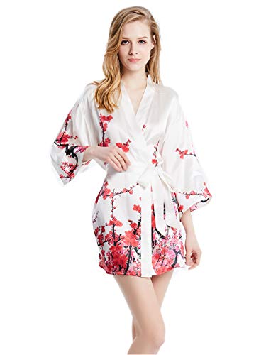 Prettystern Damen Seidenkleid kurz Mini-Kimono aus 100% Seide mit Gürtel eleganter Morgenmantel Yukata für Sommer & Zuhause Mi03 Weiss von Prettystern