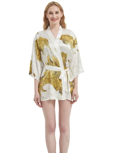 Prettystern Damen Seidenkleid kurz Mini-Kimono aus 100% Seide mit Gürtel eleganter Morgenmantel Yukata für Sommer & Zuhause Mi05 Gold weiß Blumen von Prettystern
