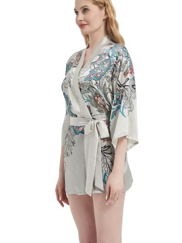 Prettystern Damen mini-Kleid kurz Seide Satin Mantel Kimono Morgenmantel Jacke Yukata Kostüm Silk Robe Paisley hellgrau Mi07 von Prettystern