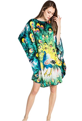 Prettystern Damen Seidennachthemd 100% Seide Nachthemd mit Kunstdruck Schlafkleid, Kaftan oder Tunika Grün Pfau YBP173 von Prettystern