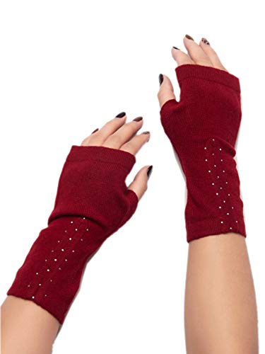 prettystern Damen Strass-steine 100% Kaschmir Cashmere Pulswärmer Fingerlos Hand-stulpen Burgund-rot von prettystern