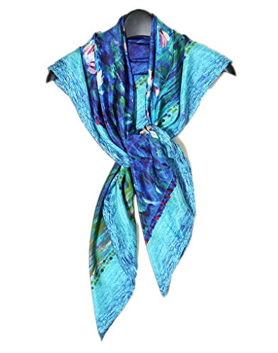 Prettystern Damen XL 105cm Seiden-Tuch Stola bunt Claude Monet Seerosen Wasserlilien blau P143 von Prettystern