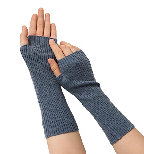 Prettystern Damen mid-lange Kaschmir-Wolle Pulswärmer Arm-Stulpen fingerlose Ripp gestrickt Handschuhe Blau von Prettystern