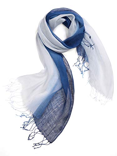 Prettystern Farbverlauf blau Tie-Dye Batik 100% Leinen Frühling Sommer Fransen Schal - T68 Jeansblau von Prettystern