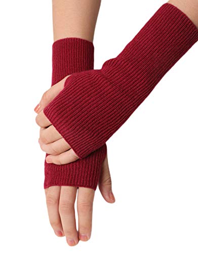 Prettystern Gerippte Damen 100% Kaschmir-Wolle Fingerlose Pulswärmer handgelenk-wärmer Frau Hand-Stulpen Cashmere Halb-Handschuhe Rot von Prettystern