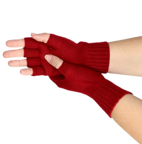 Prettystern Damen 100% Kaschmir-Wolle Halbfinger kurzfinger-handschuhe Fingerlose Fingerlinge-Handschuhe Pulswärmer Cashmere Rot von Prettystern