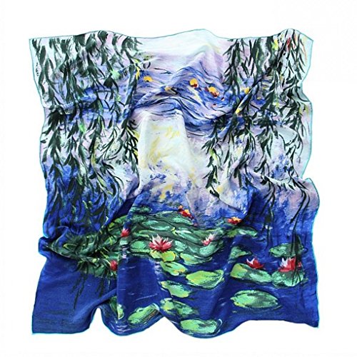 Prettystern Damen Handrolliert Seidentuch 90 Cm Kunst-motiv Seerosen Blau-türkis Tuch Monet 100% Seide P050 von Prettystern