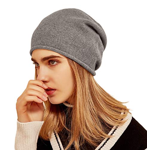 Prettystern Rollkante Damen lässig Kaschmir-Wolle Cashmere Beanie Strick-Mütze Grau von Prettystern