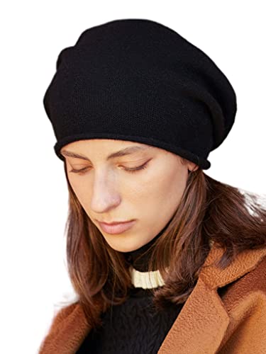 Prettystern Rollkante Damen lässig Kaschmir-Wolle Cashmere Beanie Strick-Mütze schwarz von Prettystern