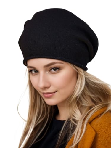 Prettystern Rollkante Damen lässig Kaschmir-Wolle Cashmere Beanie Strick-Mütze schwarz von Prettystern
