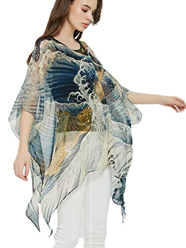 Prettystern Seide Damen Sommer-Poncho Chiffon-Überwurf Strand Überwurf Seiden-Tunika Kimono-Bluse Japan Art Ukiyo - Kanagawa große Welle Blau P11 von Prettystern