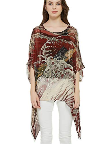 Prettystern Seide Damen Sommer-Poncho Chiffon-Überwurf Strand Überwurf Seiden-Tunika Kimono-Bluse Japan Art Ukiyo - Kanagawa große Welle Rot P12 von Prettystern