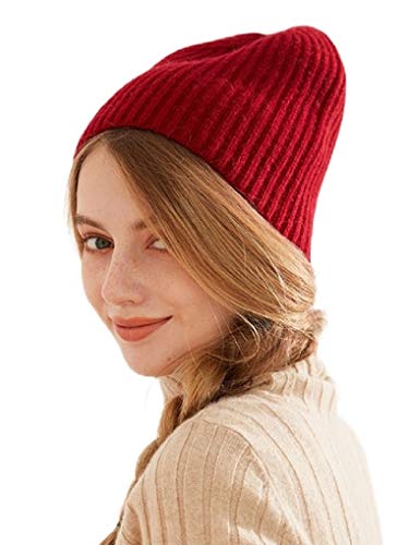 Prettystern gerippte Schwergewicht Damen Herren Reine Cashmere lässig Beanie Strick-Mütze Rot von Prettystern