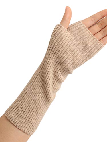 Prettystern Damen mid-lange Kaschmir Pulswärmer Arm-Stulpen fingerlose Ripp-Strick Handschuhe Beige von Prettystern