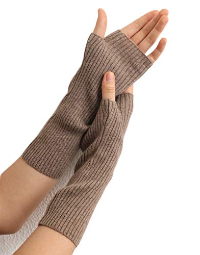 Prettystern Damen mid-lange Kaschmir Pulswärmer Arm-Stulpen fingerlose Ripp-Strick Handschuhe Braun von Prettystern