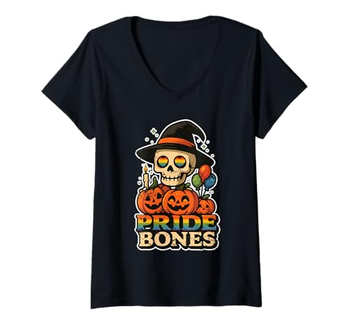 Damen Pride Bones Regenbogen-Kürbisse T-Shirt mit V-Ausschnitt Damen Pride Bones Regenbogen-Kürbisse T-Shirt mit V-Ausschnitt von pride rainbow pumpkins inclusive spooky Halloween