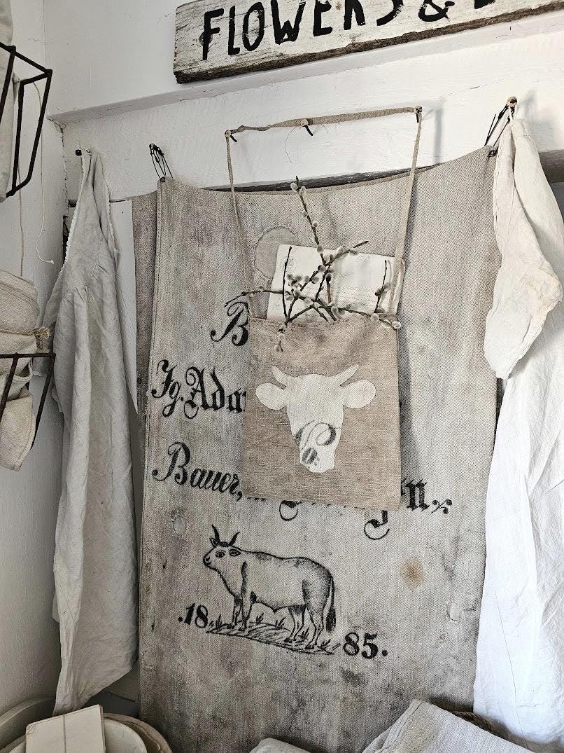 Grosse Hängetasche Ochsenkopf - Leinentasche Mit Traumpatina 30420Mh Ditty-Bag Farmhouse Antique Grainsack Linenbag von princessgreeneye