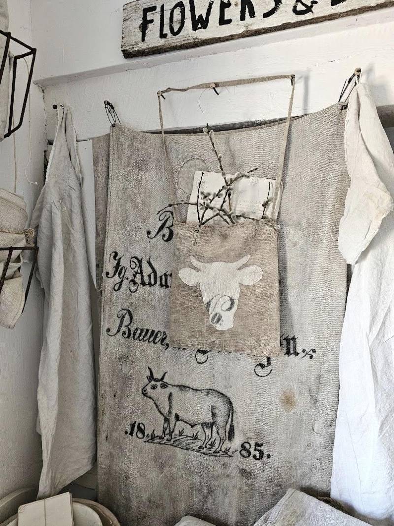 Grosse Hängetasche Ochsenkopf - Leinentasche Mit Traumpatina 30420Mh Ditty-Bag Farmhouse Antique Grainsack Linenbag von princessgreeneye