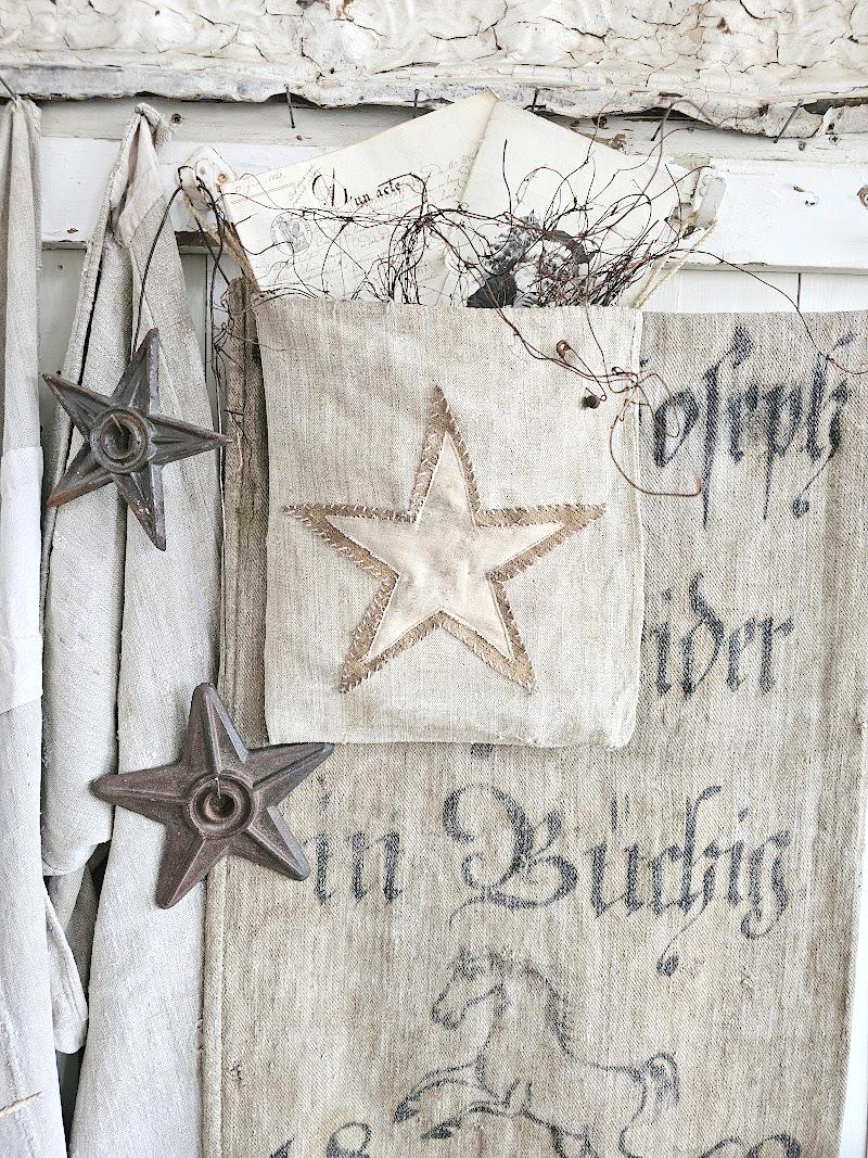 Hängetasche Aus Antikem Leinensack - Sterne 29823Ml Ditty-Bag Farmhouse Antique Grainsack Linenbag von princessgreeneye