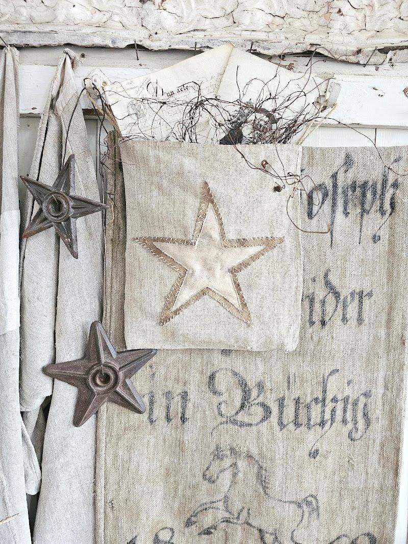 Hängetasche Aus Antikem Leinensack - Sterne 29823Ml Ditty-Bag Farmhouse Antique Grainsack Linenbag von princessgreeneye