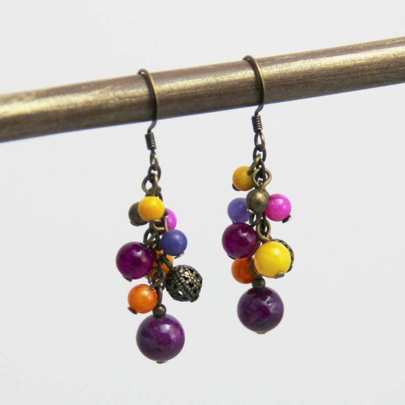 Sommer Sonnenuntergang - Bunt Hell Lila Fuchsie Pink Orange Gelb Perlen Dangle Cluster Ohrringe Stein Antik Messing von productsof47