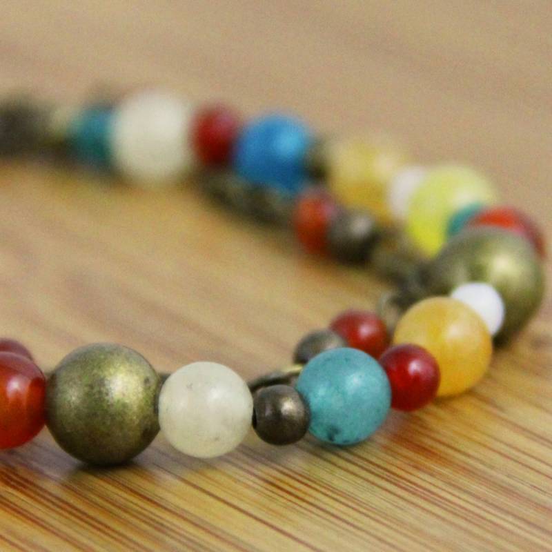 Südwesten Charme - Karneol Stein Perlen Multi Strand Bunte Petrol Rost Gelb Creme Antik Gold Messing Armband Eule von productsof47