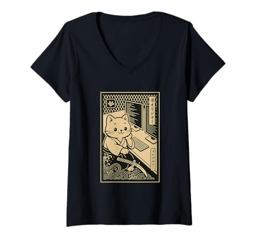 Damen Programmierer Katze Samurai - Krieger Computer Entwickler Samurai T-Shirt mit V-Ausschnitt von programmer cat samurai