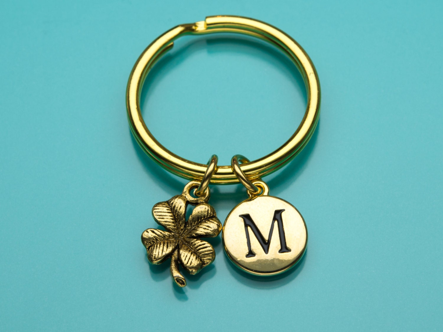 Four Leaf Clover Schlüsselanhänger, Gold Gut Glück Schlüsselring, Anfängliche Keychain, Personalisierte Schlüsselanhänger Charme 709 von promisemeeverything2