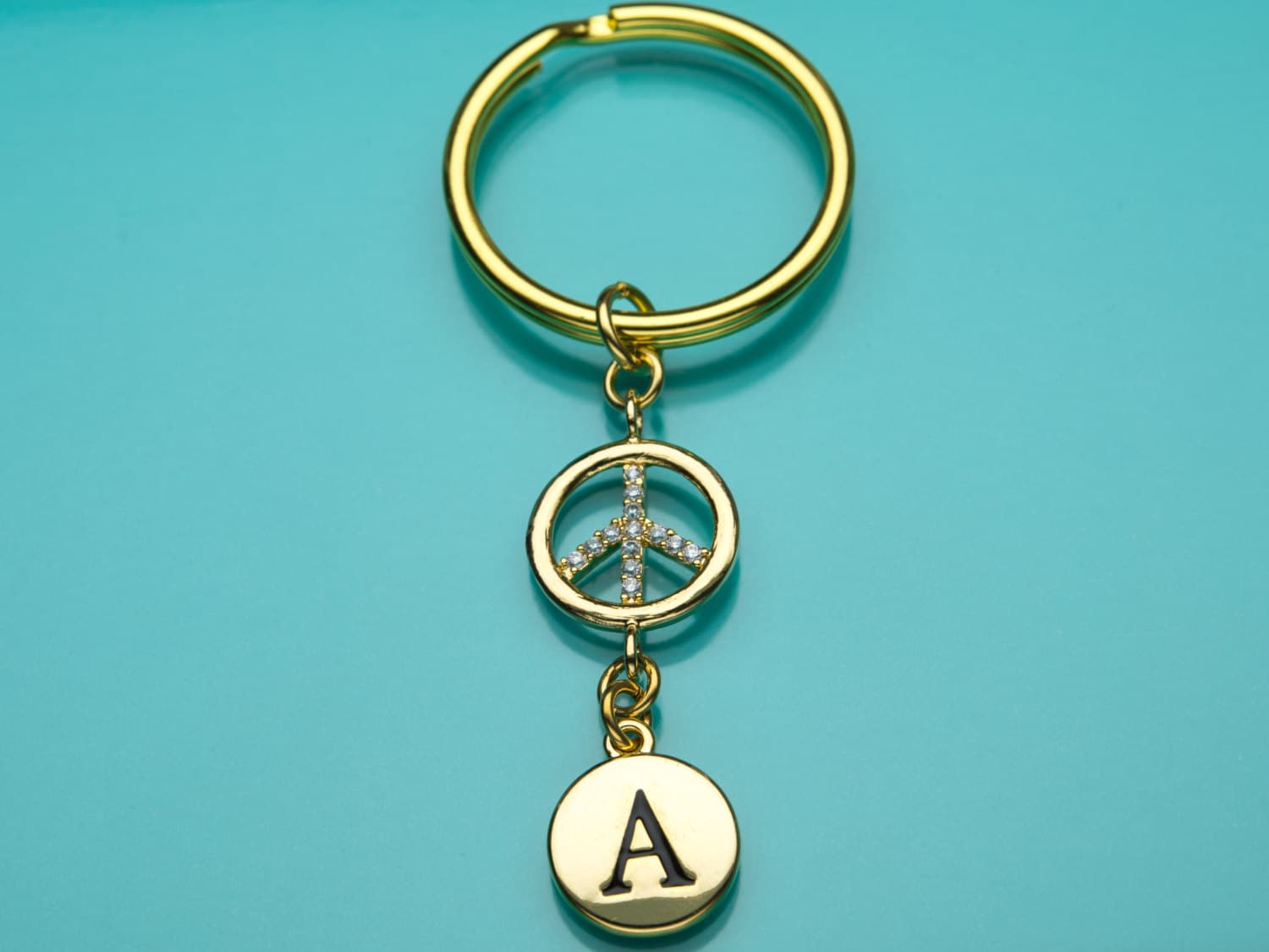 Friedenszeichen Schlüsselbund, Gold Cz Schlüsselanhänger, 60Er Friedenssymbol, Anfängliche Keychain, Personalisierte Charm, 488 von promisemeeverything2