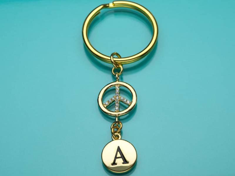 Friedenszeichen Schlüsselbund, Gold Cz Schlüsselanhänger, 60Er Friedenssymbol, Anfängliche Keychain, Personalisierte Charm, 488 von promisemeeverything2