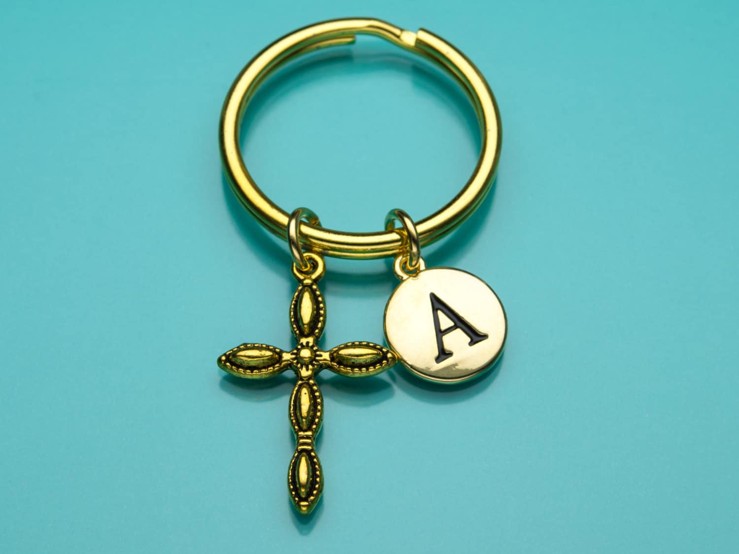 Kreuz, Schlüsselbund, Gold Kreuz Schlüssel Ring, Marquise Religiöses Symbol, Erste Keychain, Personalisierte Schlüsselanhänger Charme 518 von promisemeeverything2