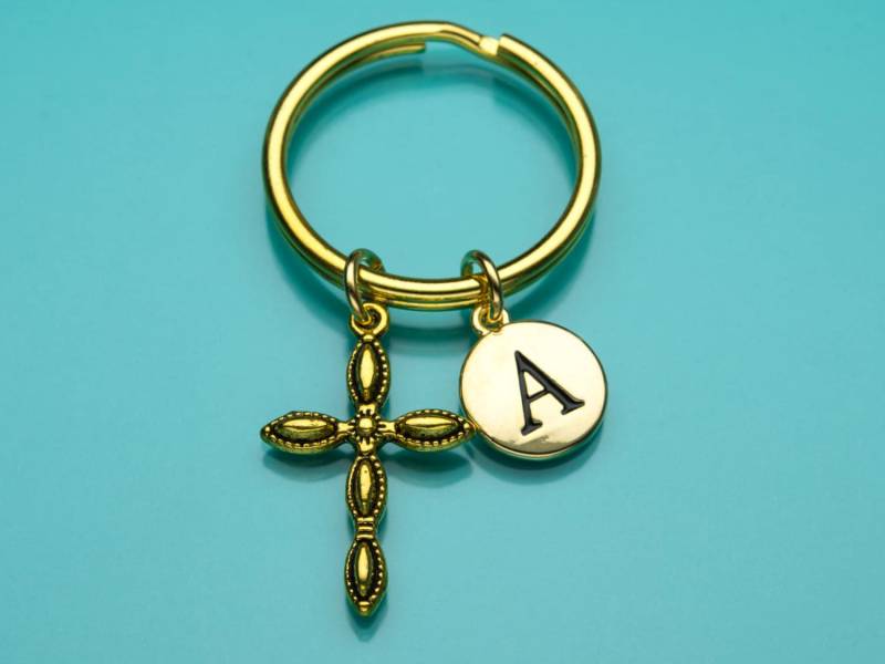 Kreuz, Schlüsselbund, Gold Kreuz Schlüssel Ring, Marquise Religiöses Symbol, Erste Keychain, Personalisierte Schlüsselanhänger Charme 518 von promisemeeverything2
