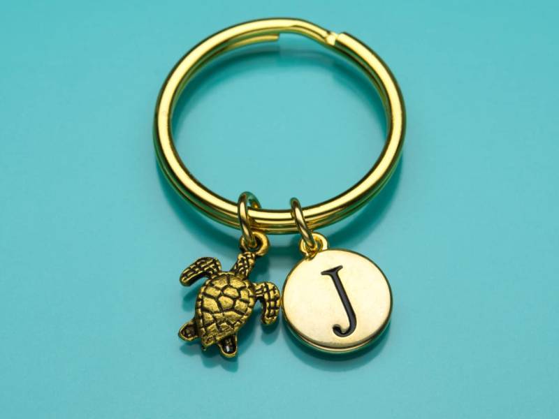 Schildkröte-Schlüsselbund, Goldene Schildkröte Schlüsselanhänger, Kleines Meer Kreatur, Anfängliche Keychain, Personalisierte von promisemeeverything2