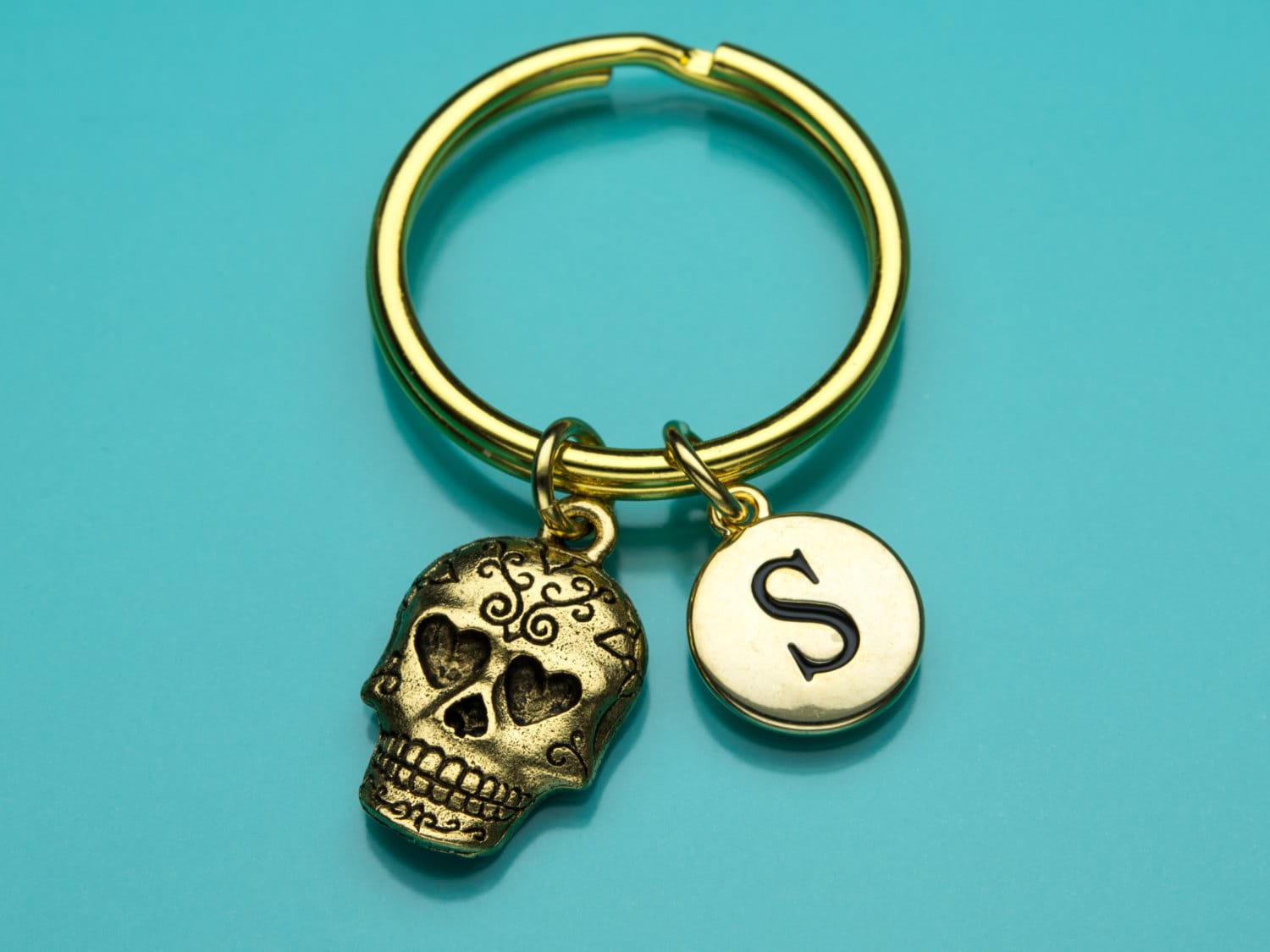 Zucker-Skull Keychain, Schlüsselanhänger Gold Sugar Skull Totenkopf Mit Herz Augen, Erste Personalisierte Charme 476 von promisemeeverything2