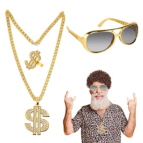 Dollar Kette set, 80er 90er Hip Hop Zubehör Hip Hop Kostüm Kit Dollar Zeichen Halskette Set Halskette Ringe Sonnenbrille Gold Perücken für Rapper Karneval Mottopartys von prota