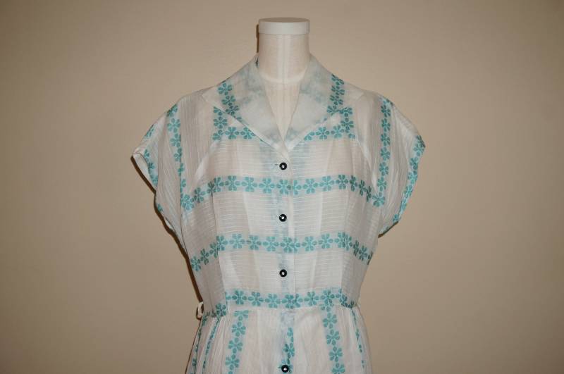 1950Er Jahre Glenbury By Cloverton Kleid in Weiß & Grünem Floralem Hemdkleid von pspecial5