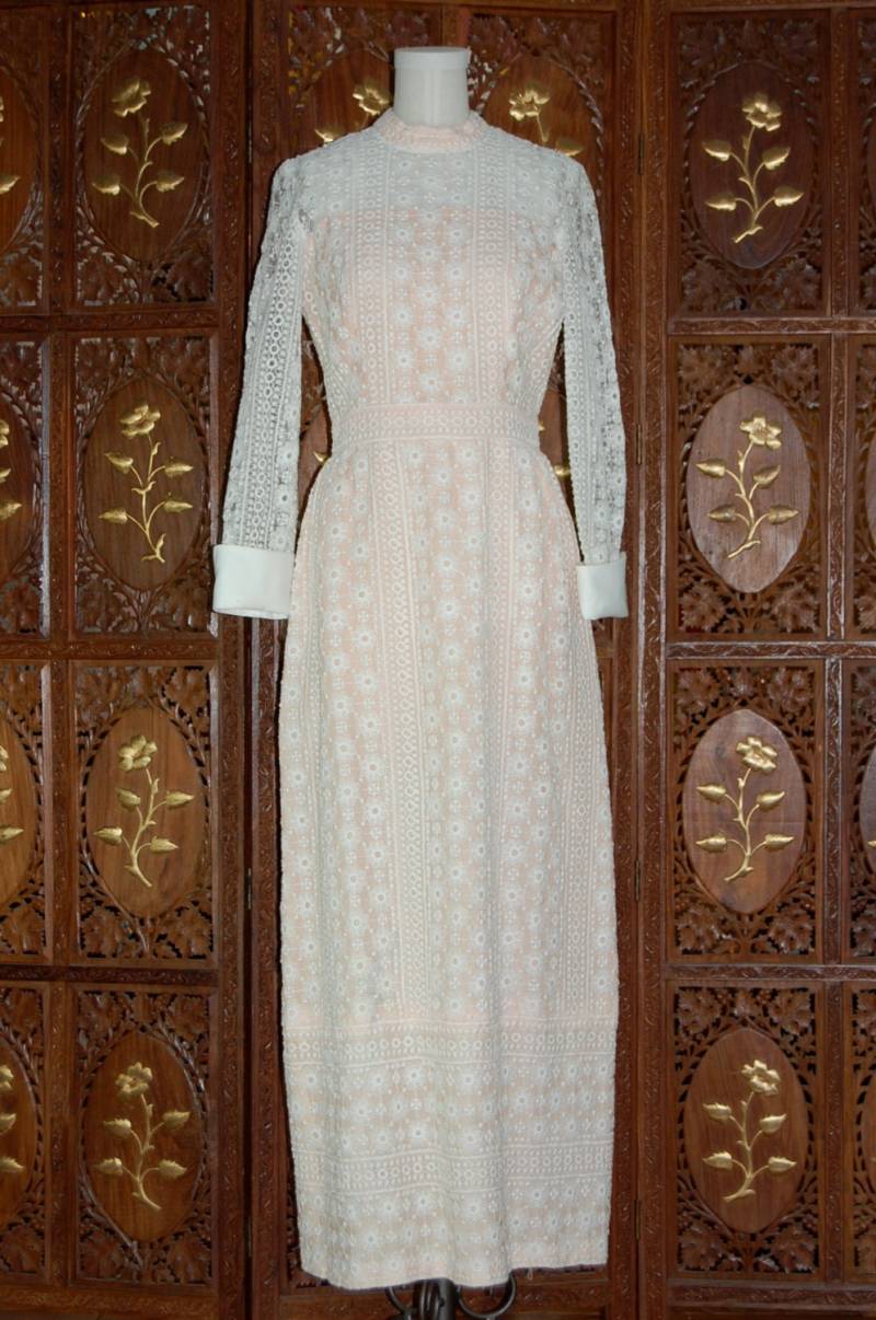 1960Er Jahre Besticktes Organza-Kleid Schieres Kleid Mit Pfirsichfutter von pspecial5
