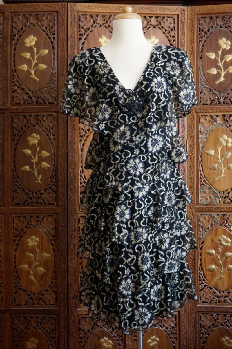 1980Er Jahre Holly's Harp Rüschen-Blumen-Kleid Schwarz-Silber-Partykleid Sz S von pspecial5