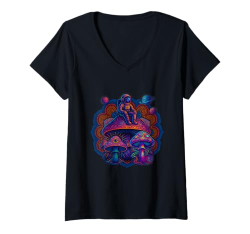 Damen Psychedelischer Astronaut auf Pilz Space Mandala T-Shirt mit V-Ausschnitt Damen Psychedelischer Astronaut auf Pilz Space Mandala T-Shirt mit V-Ausschnitt von psychedelischer Astronaut Pilz Mandala, d.b.A.i.
