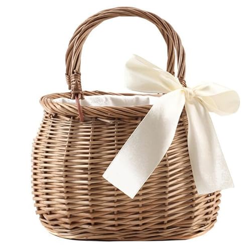 Totes Oval Basketasche mit Bug, Rattan -Tasche mit Top Griff mit Stofffutter, gewebter Strohhalmasche, Boho Wicker -Geldbörse 8.3x4,7 x 5,9 Zoll von ptumcial