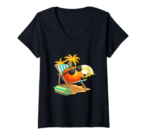 Damen Pumpkin Beach Chill mit Sonnenbrille T-Shirt mit V-Ausschnitt Damen Pumpkin Beach Chill mit Sonnenbrille T-Shirt mit V-Ausschnitt von pumpkin beach sunglasses summer chill haunted