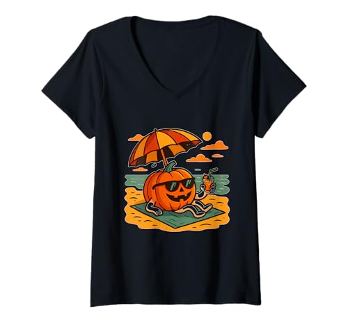Damen Kürbisstrand mit Getränk bei Sonnenuntergang T-Shirt mit V-Ausschnitt von pumpkin beach umbrella sunglasses chill halloween