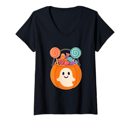 Damen Kürbis-Süßigkeiten-Eimer mit Süßigkeiten T-Shirt mit V-Ausschnitt von pumpkin candy pail lollipop cute halloween ghost