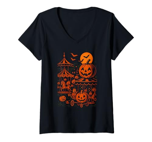 Damen Kürbis Fair Karussell Halloween T-Shirt mit V-Ausschnitt von pumpkin carnival carousel festival halloween