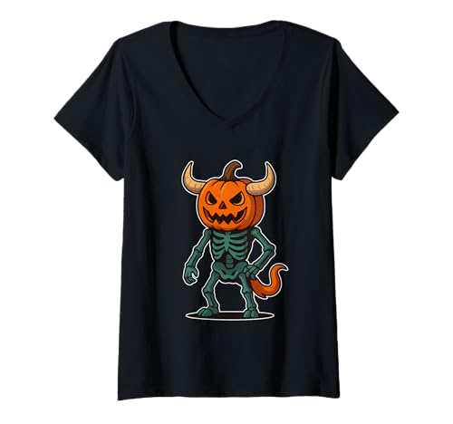 Damen Kürbis-Dämonen-Skelett T-Shirt mit V-Ausschnitt von pumpkin demon skeleton horned spooky halloween