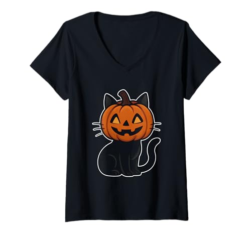 Damen Kürbiskopf Schwarze Katze T-Shirt mit V-Ausschnitt von pumpkin head black cat spooky feline halloween