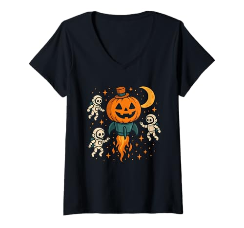 Damen Kürbisrakete mit Astronauten T-Shirt mit V-Ausschnitt von pumpkin rocket astronauts space spooky halloween