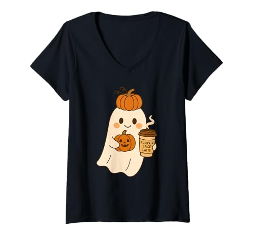 Damen Pumpkin Spice Latte Ghost T-Shirt mit V-Ausschnitt von pumpkin spice latte ghost autumn cozy halloween
