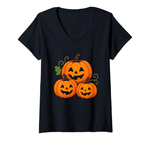 Damen Kürbis-Trio lächelnde Gesichter T-Shirt mit V-Ausschnitt Damen Kürbis-Trio lächelnde Gesichter T-Shirt mit V-Ausschnitt von pumpkin trio jack o lantern fall vines halloween