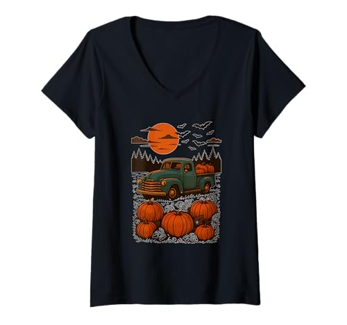 Damen Kürbis-LKW Under Harvest Moon T-Shirt mit V-Ausschnitt von pumpkin truck harvest moon bats halloween ghost